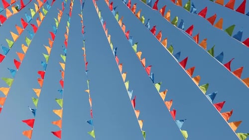 Colorful Bunting Decoration Against a Clear Blue Sky