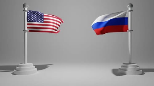 3D Flag of the USA and Russia on a flagpole wind emergence on a white background with free space