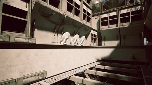 Abandoned Industrial Space with Scattered Equipment in a Sunlit Area