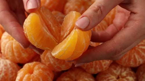 Femme prenant une mandarine pelée et la séparant en segments, gros plan