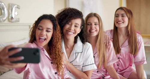 Selfie, wedding and bride with friends in hotel room for getting ready together for ceremony