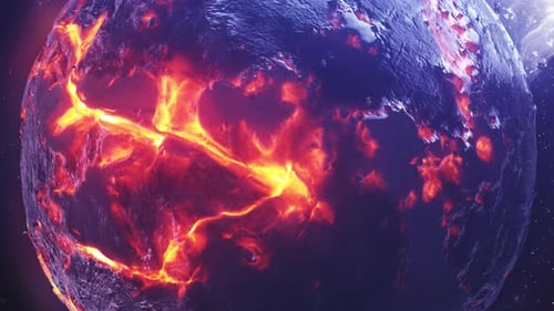 Sterbender Alienplanet mit heißem Magma und Asteroiden, 4K