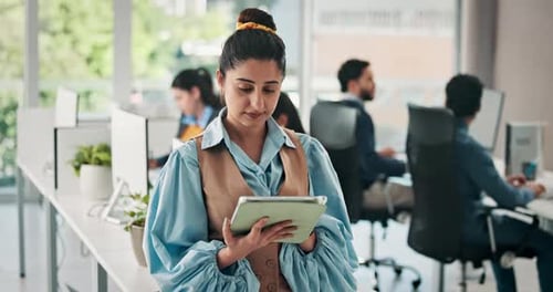 Business, woman and scroll on tablet in office for story review, fact checking and article feedback