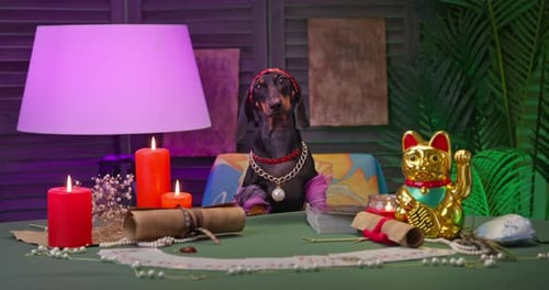 Suspicious dog fortune teller charlatan sits at table with tarot cards, candles