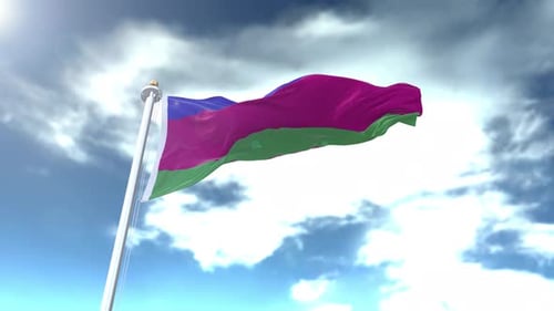 Realistic Striped Flag Waving in Wind Against Cloudy Sky