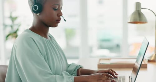 Call center, black woman and typing on laptop in support, customer service