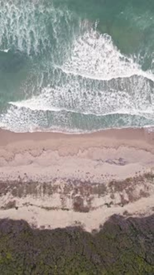 Aerial View of Turquoise Waves Crashing on a Sandy Beach Surrounded By Lush Greenery in a Tranquil