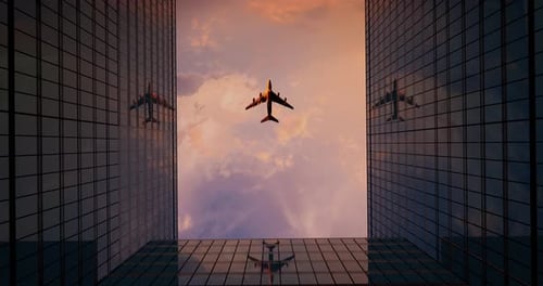 Flugzeug fliegt über Geschäftswolkenkratzer vor Sonnenuntergangswolken, wunderschöne 3D-Animation