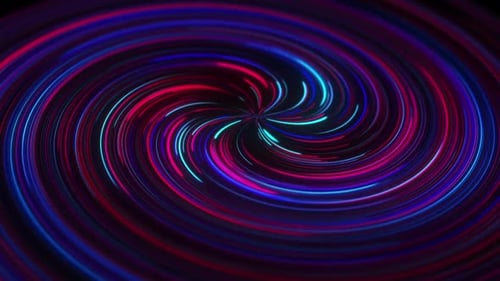 Spirale sich bewegender rosafarbener und blauer ultraviolett leuchtender Neonlinien, futuristischer Datenfluss