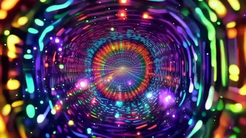Vibrant Neon Digital Tunnel of Glowing Particles and Light M