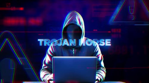 Hacker with Laptop in Glitch Digital Interface Animation