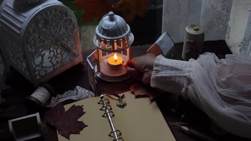 Hand Lights Candle in Cozy Autumn Scene