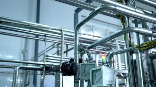 Équipement technologique moderne de l'usine laitière. Tuyaux avec capteurs menant aux réservoirs et au moteur