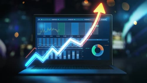 Laptop Displaying Glowing Arrow Showing Financial Growth and Stock Market Data