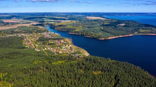 Aerial timelapse of the river of Kama. Hyperlapse of Kama river during sunny autumn day.