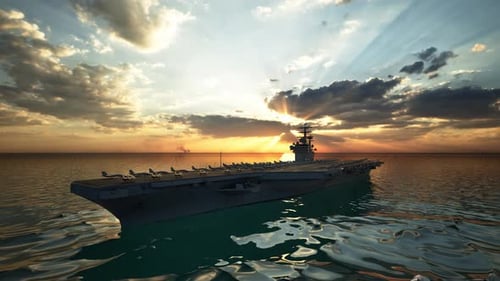 Aircraft Carrier Warship Battleship In The Ocean Navy, Sunset Time