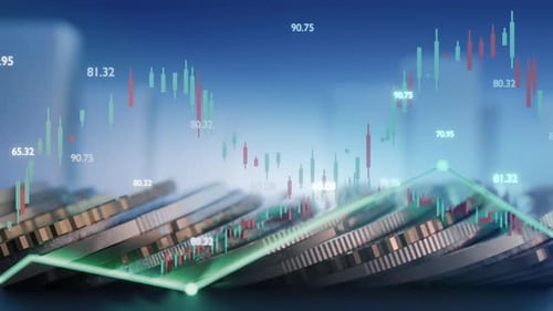 Silver coins overlap, stock market charts appear green