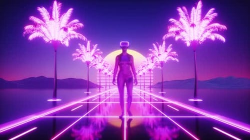 Fond de synthwave pour personnage féminin ambulant