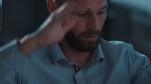 Epic Closeup Portrait of Young Male Software Engineer Developer It Programmer at Night Office