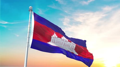 Realistic Cambodia Flag Waving Loop Against Vibrant Sky