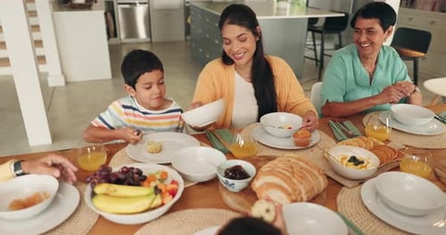 Family Breakfast Together at Home on Sunny Morning