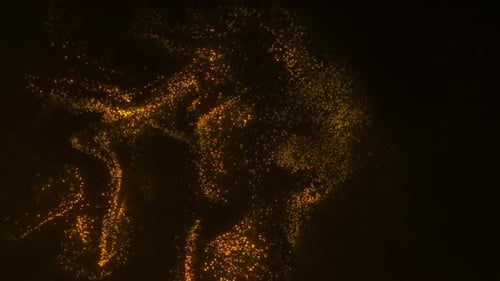 Flowing golden particles forming liquid sparkling shapes with soft glowing dust transitions