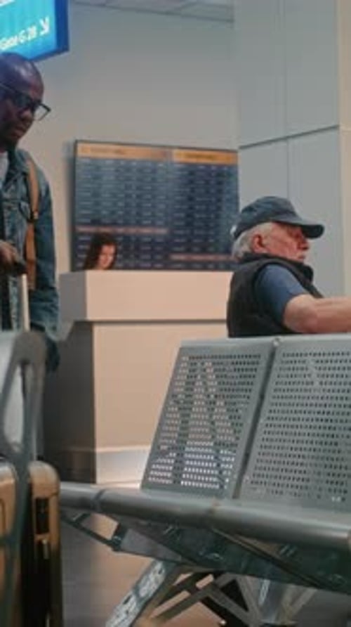 Crowded International Airport Terminal Diverse Travelers and Passengers Waiting for Airplane Flight