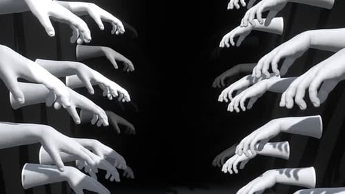 Surreal Animation of Reaching White Hands Against Black Background