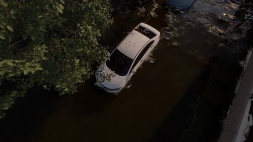 Flooded Urban Street With Abandoned Vehicles Submerged In Water