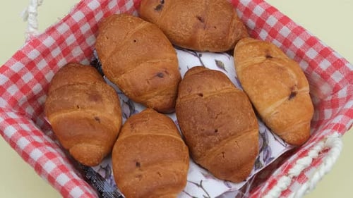 Golden Croissants in Basket Close Up