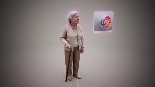 Konzeptionelle 3D-Animation einer älteren Frau mit Katarakt und Augenquerschnittsanatomie