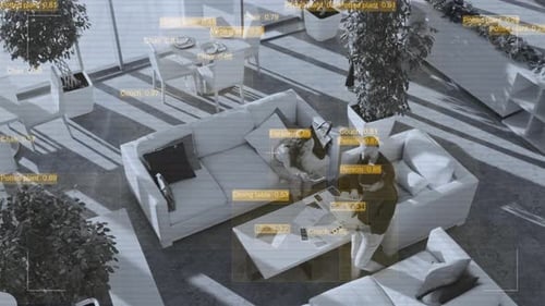 Hidden Camera Analyzing Business Partners Discussing Project in Hotel Lobby