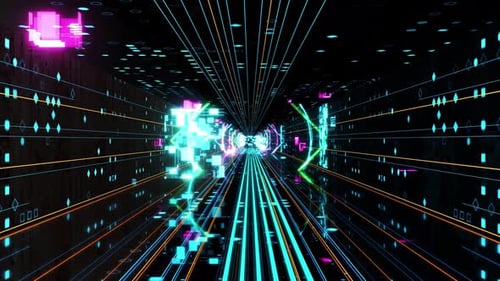 Futuristic Digital Data Tunnel with Neon Lights Loop