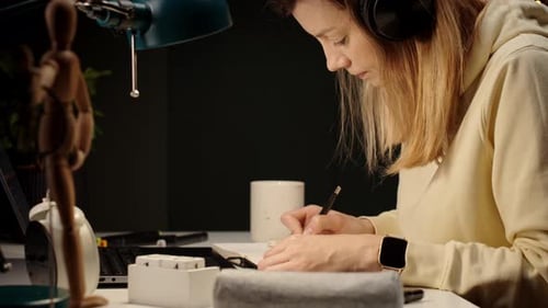 Mulher trabalhando em casa no local de trabalho à noite usando laptop