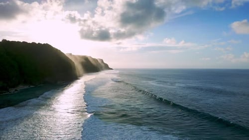 Aerial View on Mountain Landscape of Blue Sea Water Waves at Summer Ocean Coast