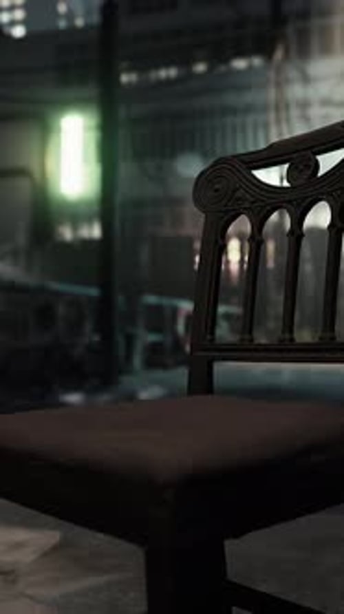 Dramatic Camera Zoom Out on Ornate Chair in Dark City