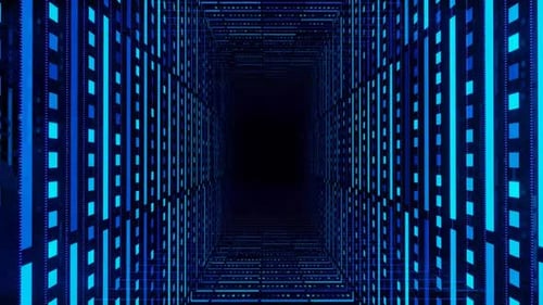 Digital tunnel with glowing blue squares