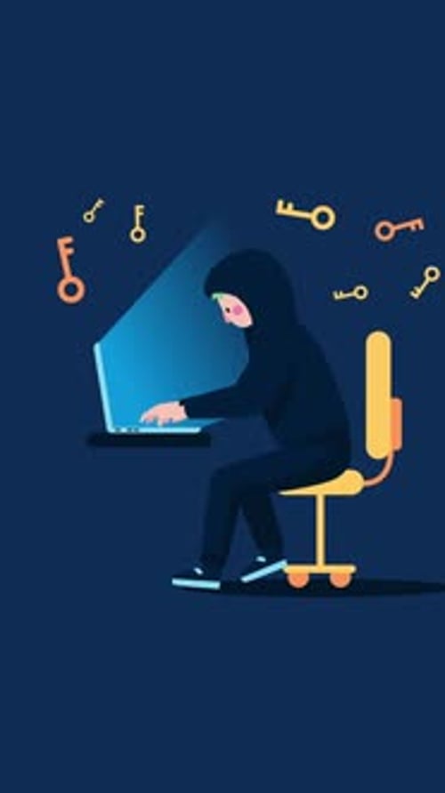 Hacker con computadora portátil robando contraseñas y robando datos confidenciales en vertical