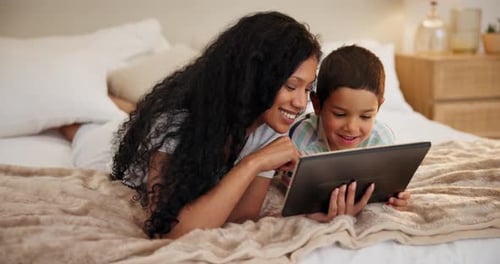 Family, bedroom and mother with boy, tablet and typing with a smile and cartoon with storytelling