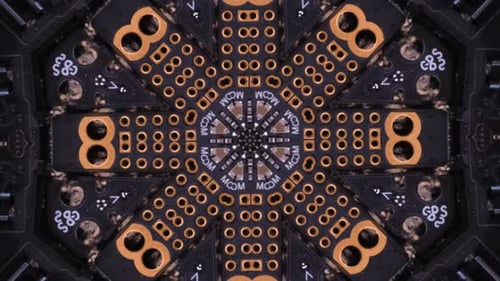 Microchip kaleidoscope, technologies creative background. Kaleidoscopic futuristic animation.