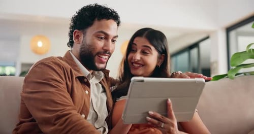 Smile, talking and tablet with couple on sofa for social media post, bonding and online update