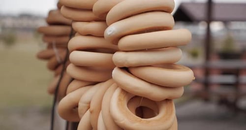 String of Ring Bagels Hanging Outdoors