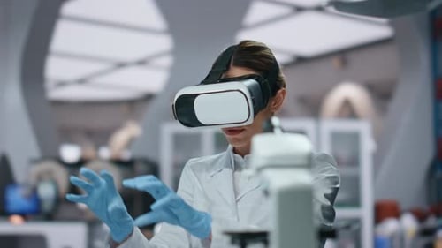 Virtual Headset Bioengineer Researching Augmented Reality in Lab Close Up