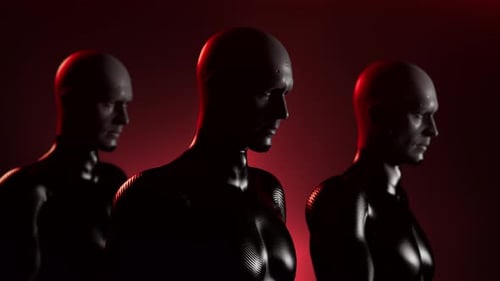 Soldiers of the future. a group of bionic people with a confident gait move in space