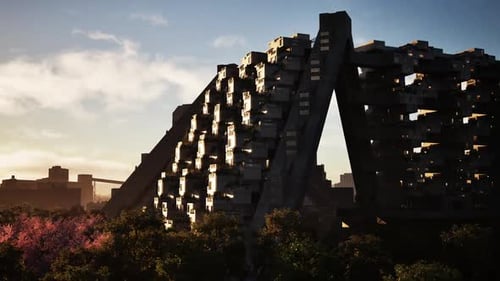 Estructura arquitectónica moderna enmarcada por árboles al amanecer en un entorno urbano