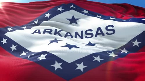Realistic Arkansas State Flag Waving with Sunlight Flare