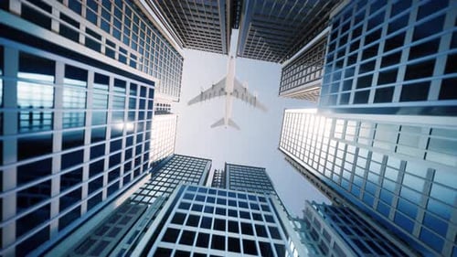 Airplane flying over skyscrapers