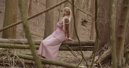 Black Girl With Long Blonde Hair, Wearing Pink Gown, Sitting On Top Of Fallten Tree Trunks In Forest