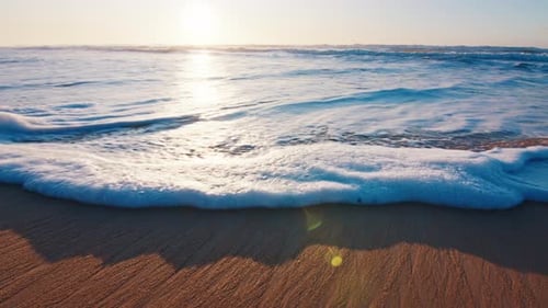 Beach in Brazil. Sandy beach with gentle foamy wave rolling over the coast at sunrise