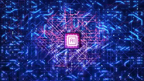 Animation des KI-Chip-Prozessors für künstliche Intelligenz — Futuristischer digitaler Hintergrund für Leiterplatten